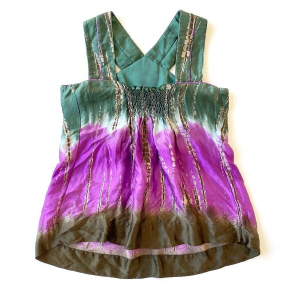 BCBG Max Azria 100% Silk Sleeveless Top Womens S Green Purple Brown Tie Dye Boho - Picture 7 of 16
